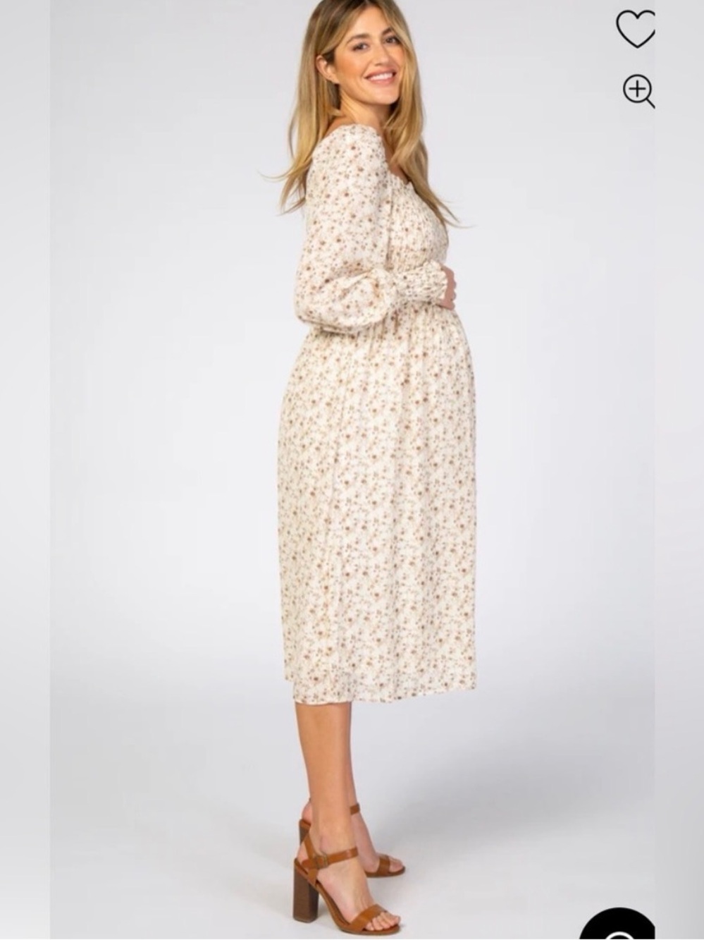 2/$50 Pink Blush Floral Smocked bubble LongSleeve Maternity Midi Dress Cream med